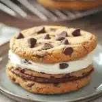 Close-up of a chocolate chip cookie sandwich with visible chocolate chips and creamy filling.