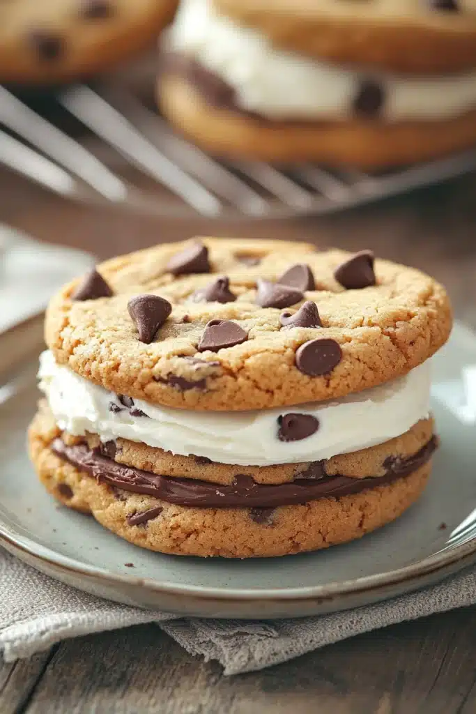 Close-up of a chocolate chip cookie sandwich with visible chocolate chips and creamy filling.