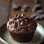 Close-up of a chocolate muffin without egg, showcasing rich textures and a warm, inviting appearance.