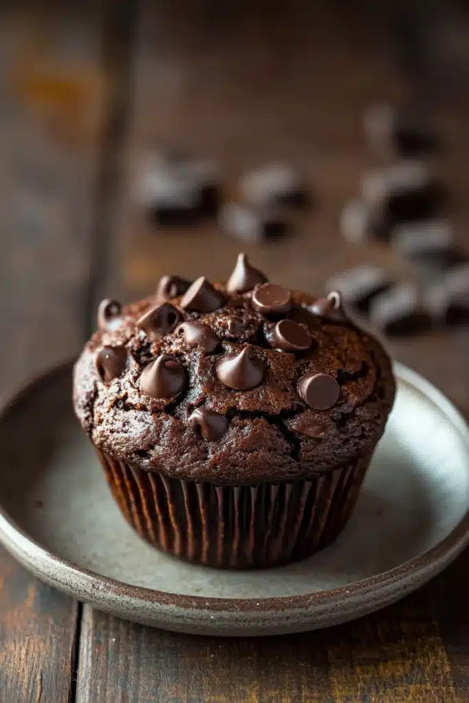 Close-up of a chocolate muffin without egg, showcasing rich textures and a warm, inviting appearance.