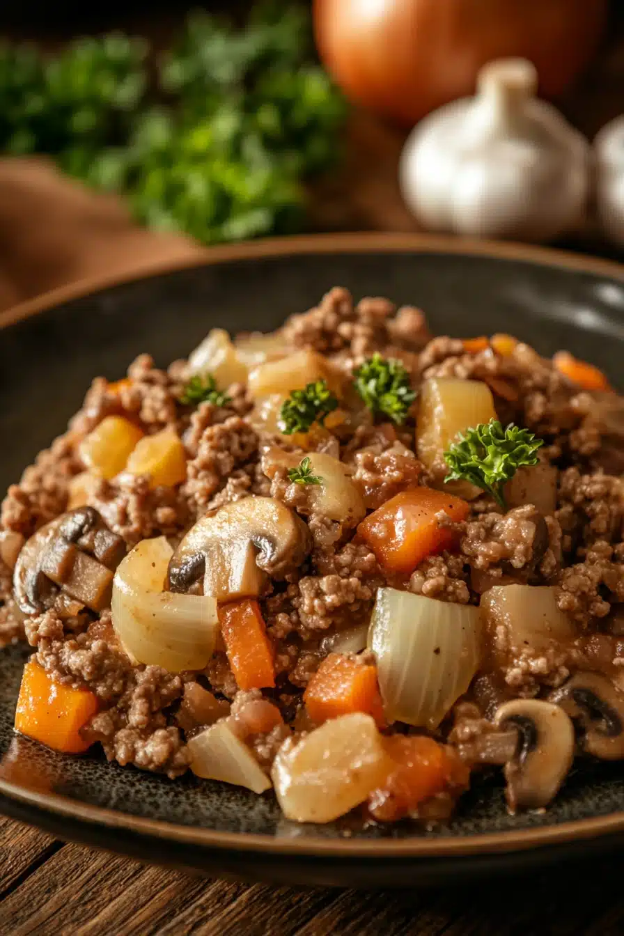 Close-up of a cozy ground beef dinner with bright natural lighting and a clean background.