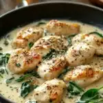 Close-up of a creamy chicken skillet with Italian seasoning, bright and appetizing.