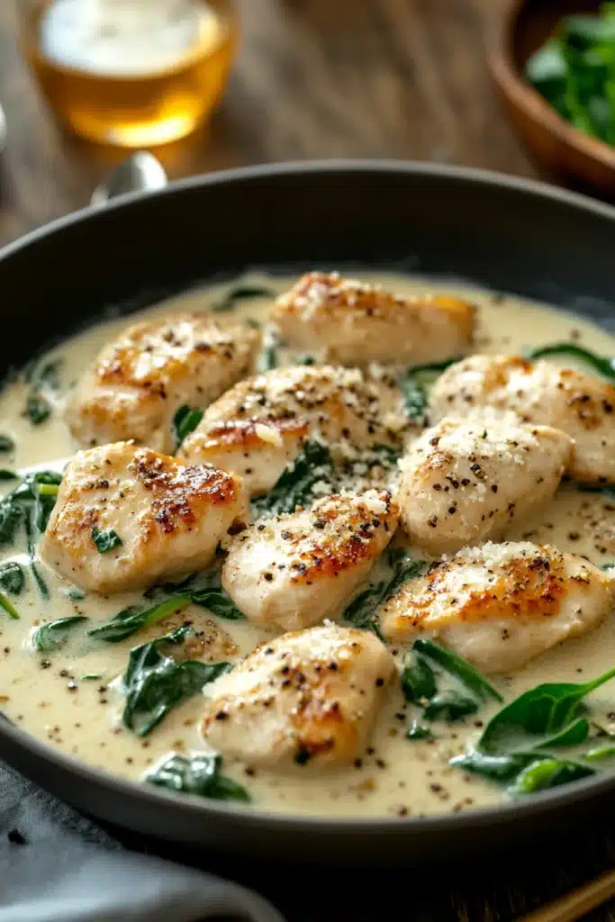Close-up of a creamy chicken skillet with Italian seasoning, bright and appetizing.