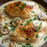 Close-up of creamy garlic mushroom chicken skillet with herbs and sauce