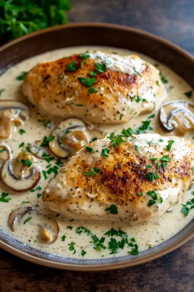 Close-up of creamy garlic mushroom chicken skillet with herbs and sauce