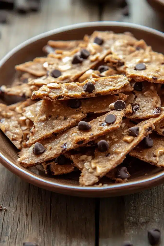 Close-up of crispy cookie brittle with a golden brown texture on a clean background