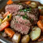 Close-up of a crock pot beef loin with rich, savory sauce and herbs