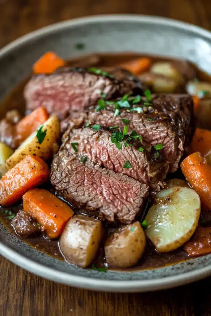 Close-up of a crock pot beef loin with rich, savory sauce and herbs