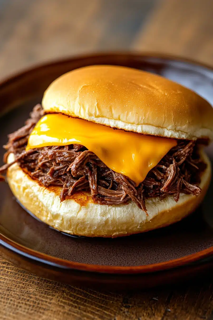 Close-up of a crock pot beef sandwich on a bun with a minimal background.