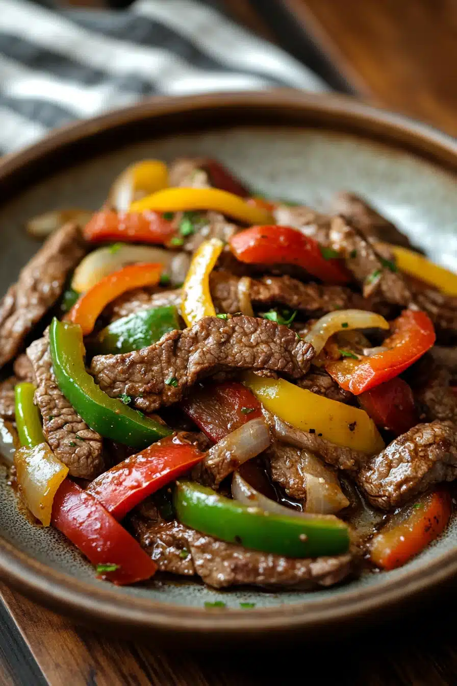 Close-up of crock pot beef pepper steak with vibrant peppers and tender beef slices.