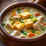 Close-up of creamy crock pot chicken pot pie soup with visible chicken and vegetables.
