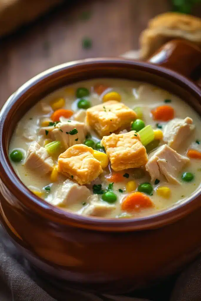 Close-up of creamy crock pot chicken pot pie soup with visible chicken and vegetables.