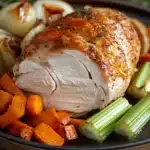 Close-up of juicy turkey breast slices on a white plate with herbs