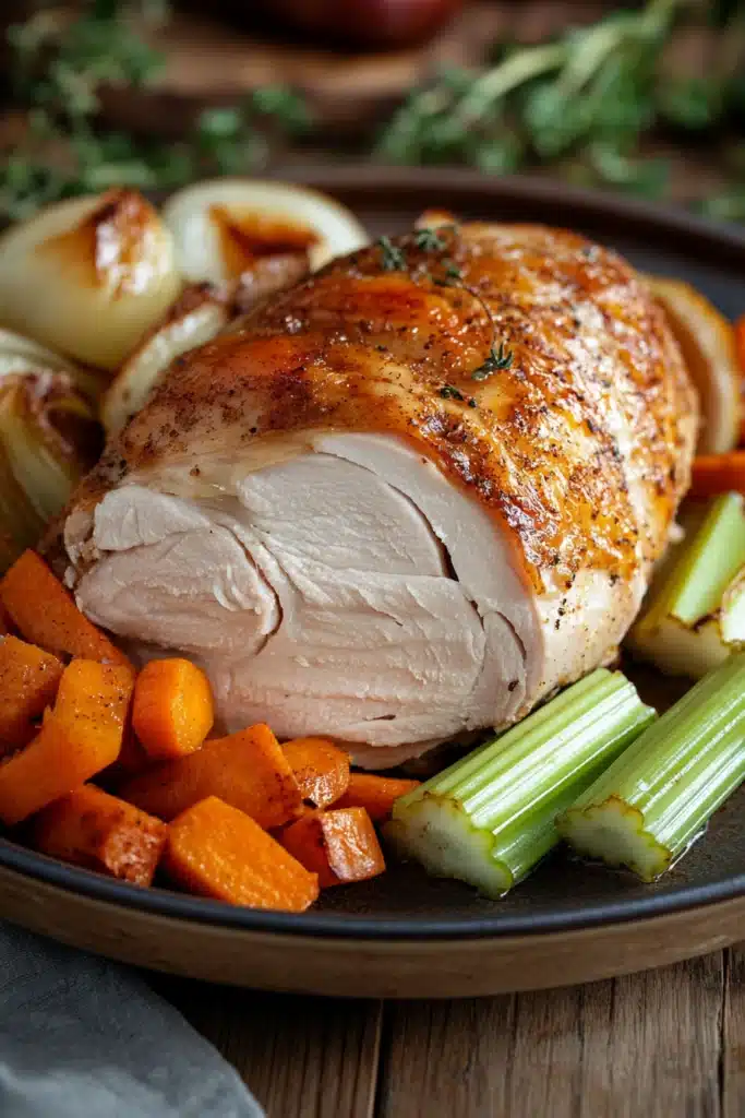 Close-up of juicy turkey breast slices on a white plate with herbs