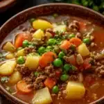 Close-up of a hearty ground beef crockpot dish with vegetables and herbs.