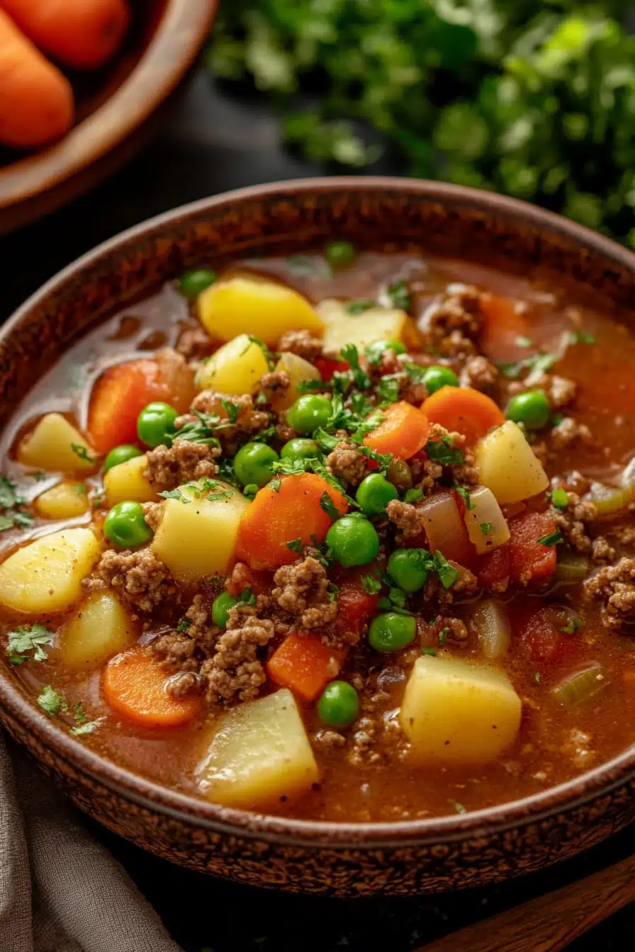 Close-up of a hearty ground beef crockpot dish with vegetables and herbs.