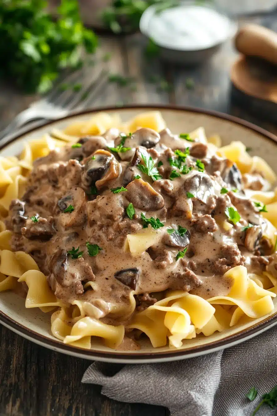 Close-up of creamy ground beef stroganoff with mushrooms and pasta on a white plate.