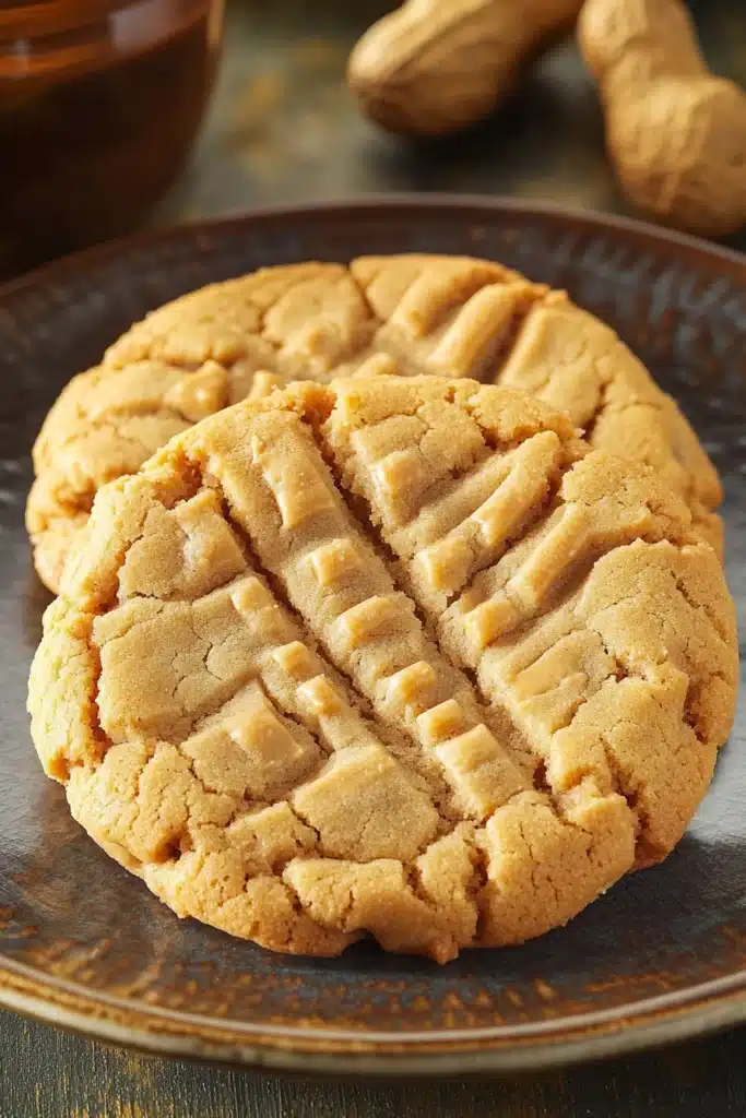 Close-up of freshly baked peanut butter cookies on a clean white background.