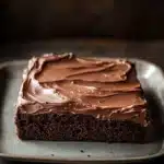 Close-up of a delicious sheet cake with a smooth frosting and minimal background.
