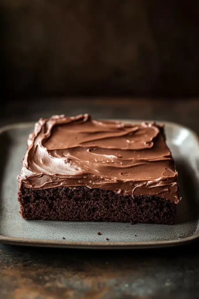Close-up of a delicious sheet cake with a smooth frosting and minimal background.