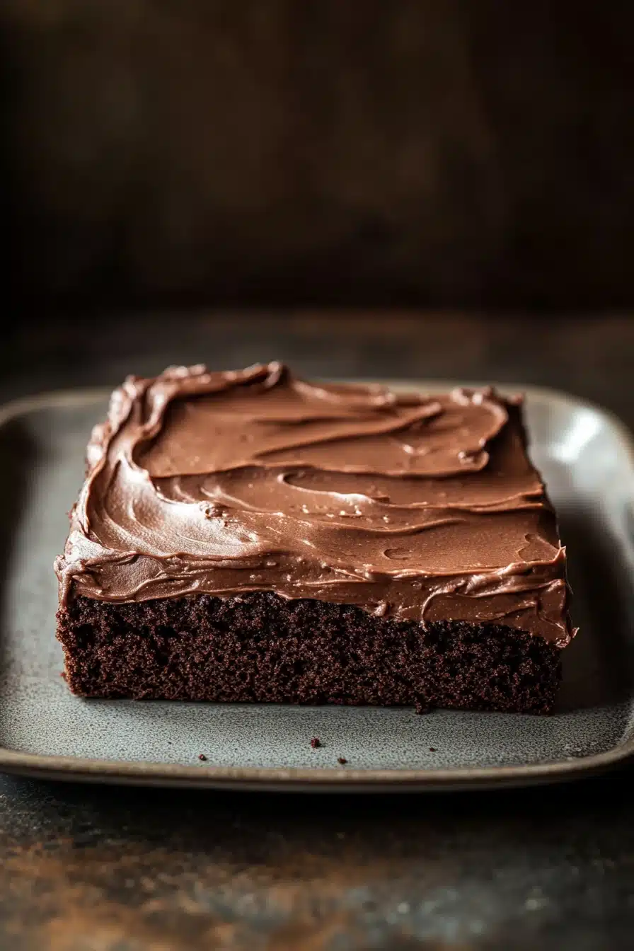 Close-up of a delicious sheet cake with a smooth frosting and minimal background.