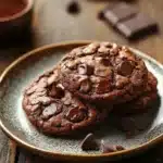 Close-up of double chocolate cookies with rich textures and a chewy appearance.