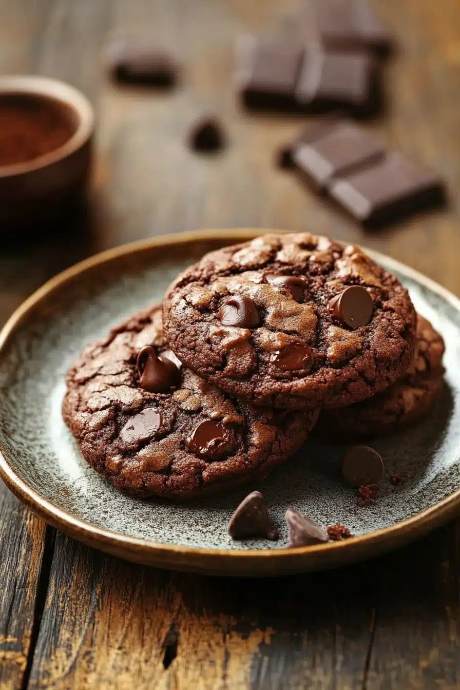 Close-up of double chocolate cookies with rich textures and a chewy appearance.