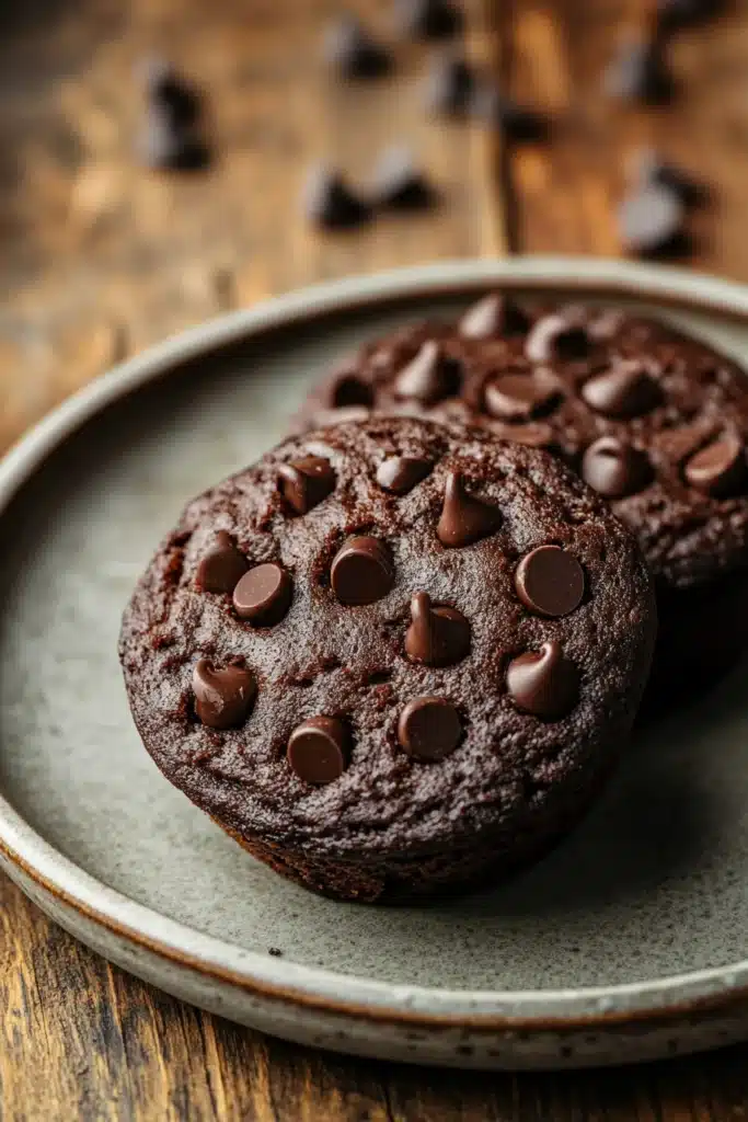 Close-up of double chocolate protein muffin tops by Joy Bauer with a clean background.