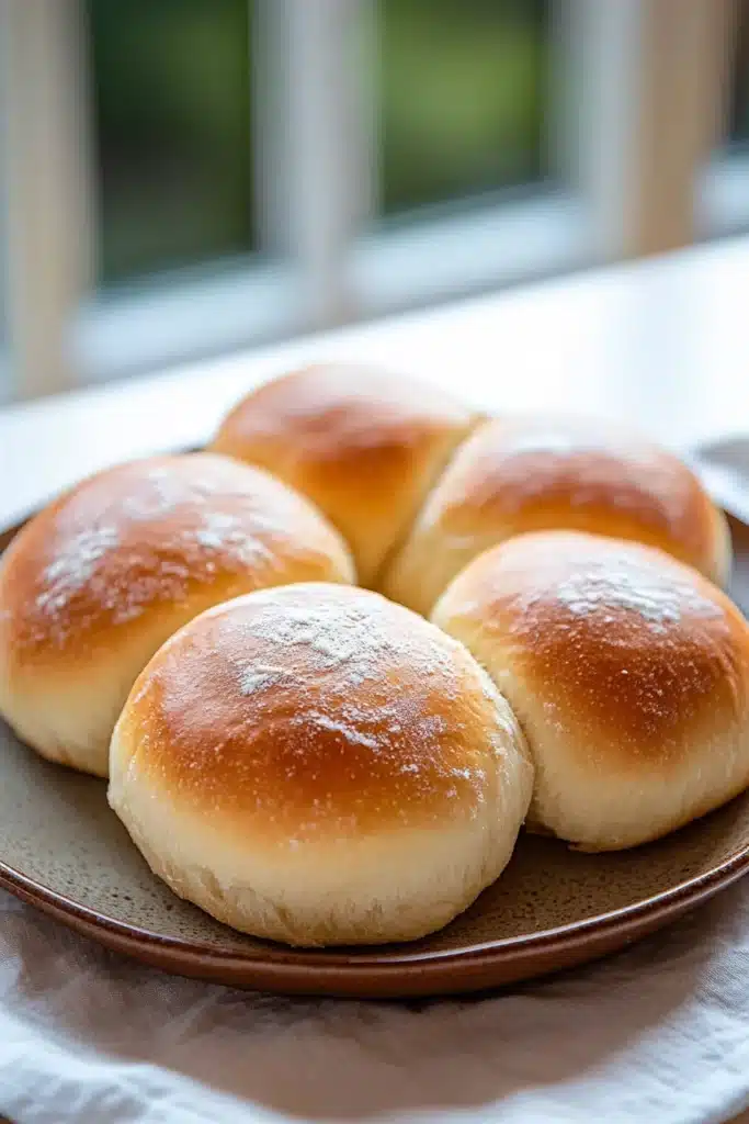Close-up of freshly baked bread rolls on a wooden surface with a warm, inviting glow.