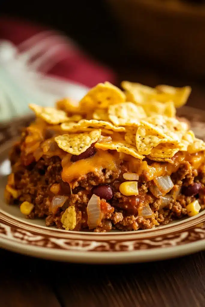Close-up of frito pie casserole with ground beef and corn chips in a baking dish.