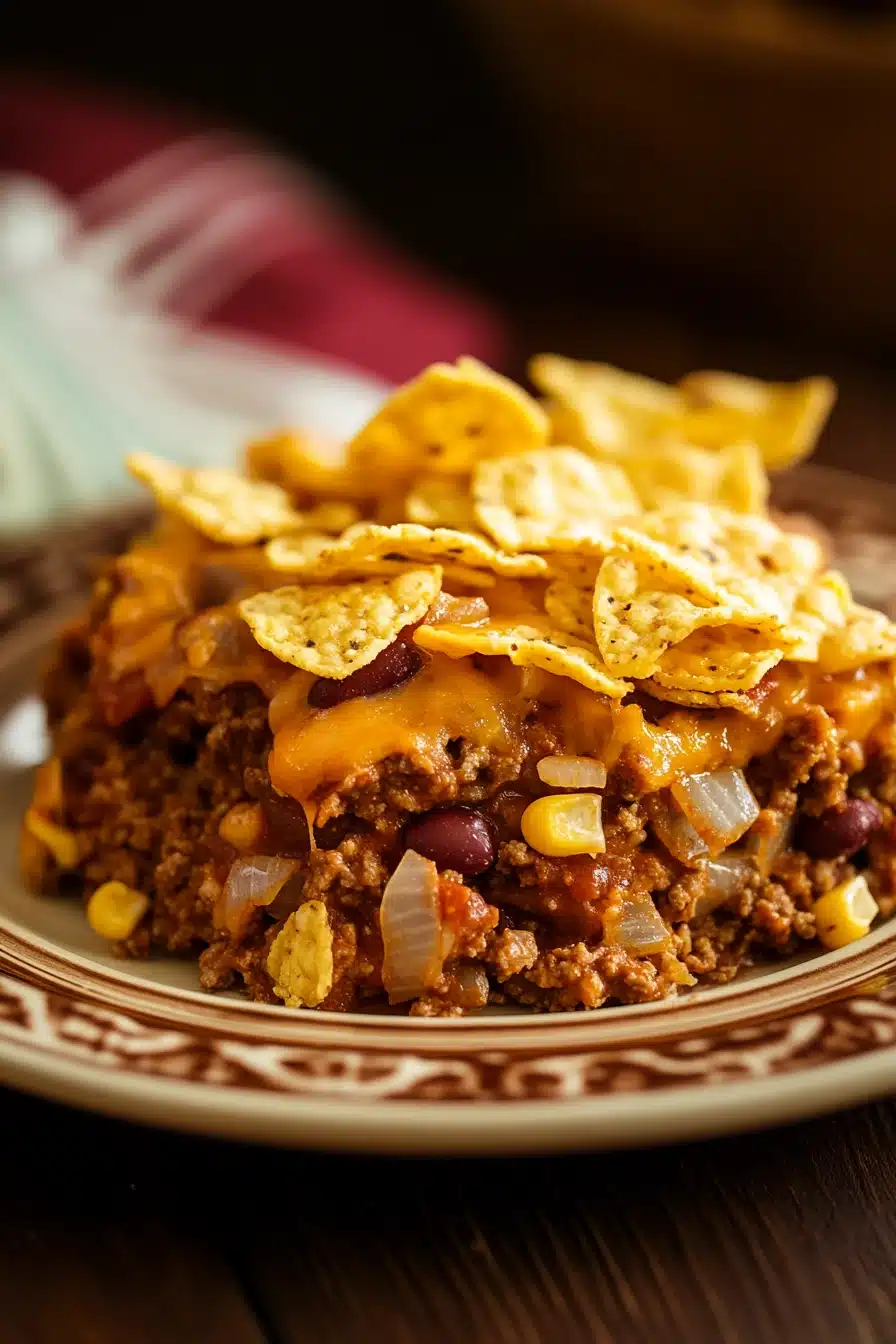 Close-up of frito pie casserole with ground beef and corn chips in a baking dish.