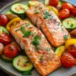Close-up of a colorful frozen salmon sheet pan dinner with vegetables on a white background.