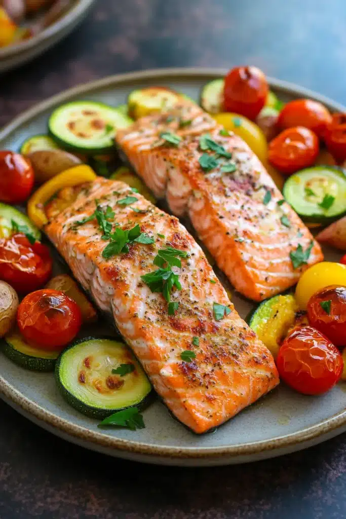 Close-up of a colorful frozen salmon sheet pan dinner with vegetables on a white background.