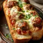 Close-up of garlic bread meatballs with melted cheese and herbs