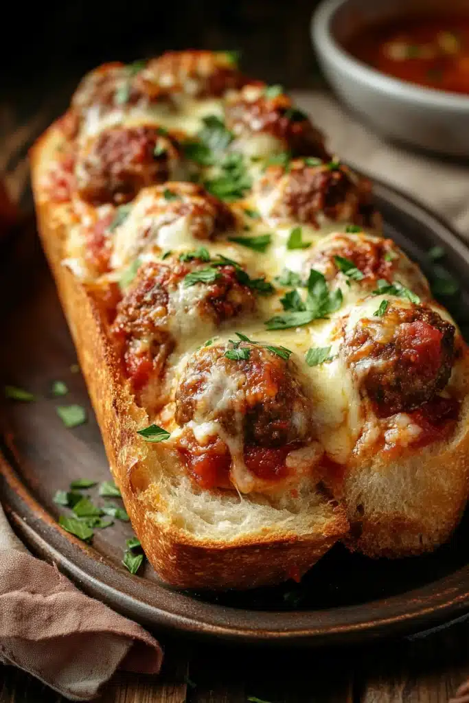Close-up of garlic bread meatballs with melted cheese and herbs