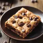 Close-up of a gluten free bar cookie with a golden crust and chocolate chips.