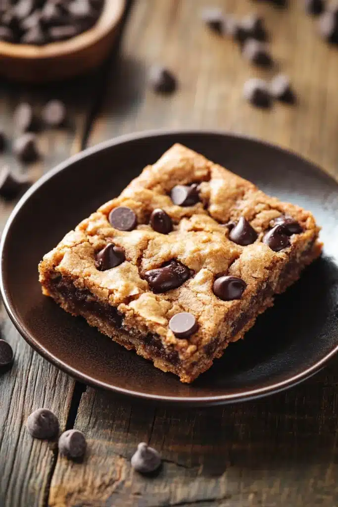 Close-up of a gluten free bar cookie with a golden crust and chocolate chips.