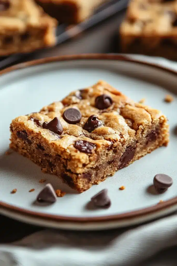 Close-up of a gluten-free cookie bar with chocolate chips and a golden crust.