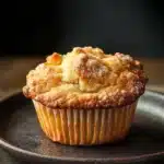 Close-up of a freshly baked granny smith apple muffin with a golden crust