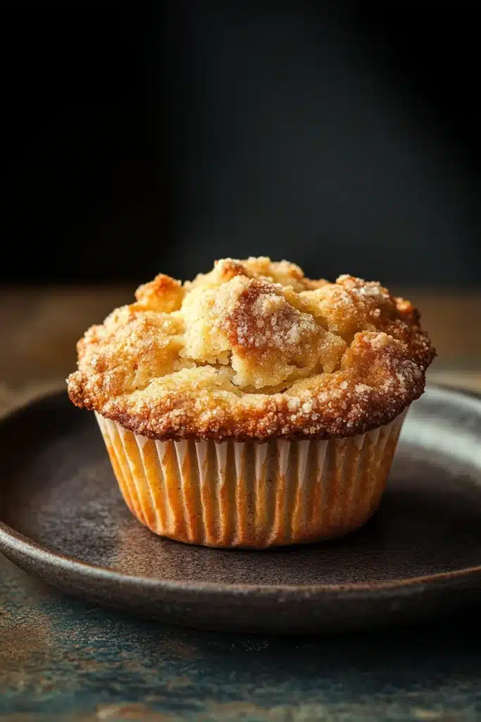 Close-up of a freshly baked granny smith apple muffin with a golden crust
