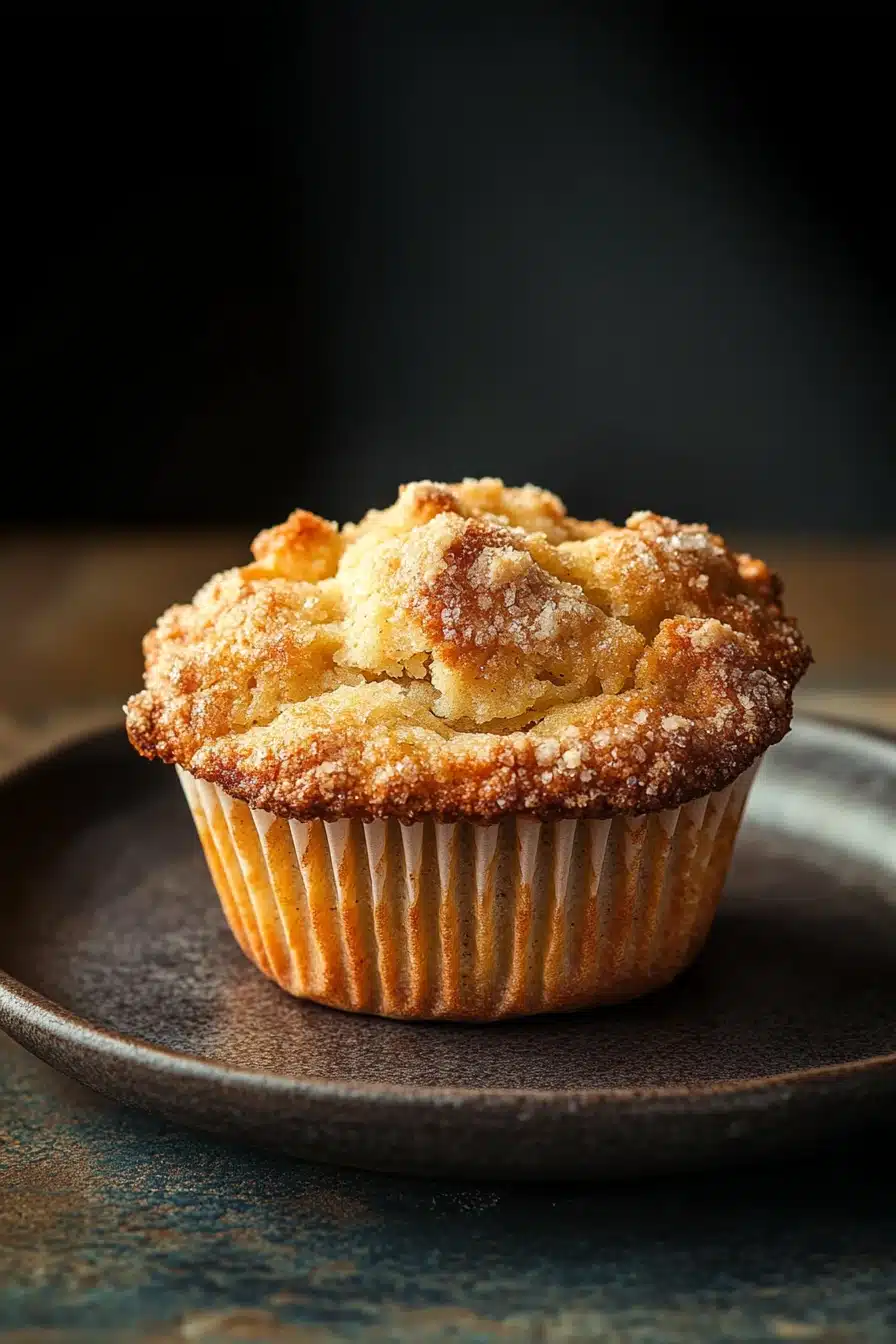 Close-up of a freshly baked granny smith apple muffin with a golden crust
