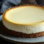 Close-up of a greek yogurt cheesecake with a smooth, creamy texture and a light, airy appearance.