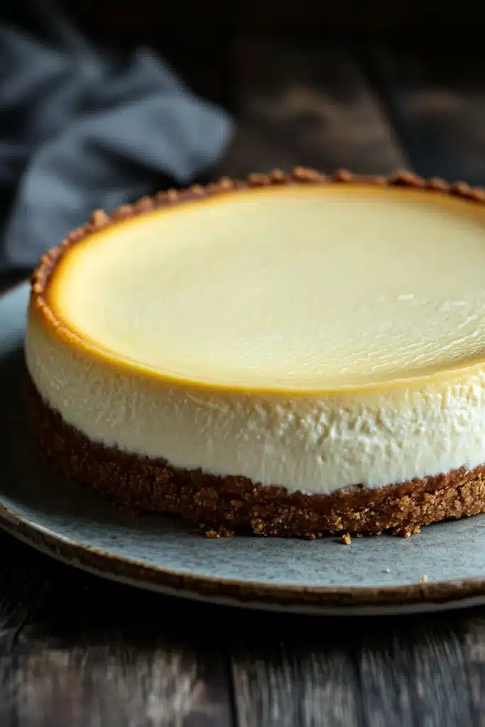 Close-up of a greek yogurt cheesecake with a smooth, creamy texture and a light, airy appearance.