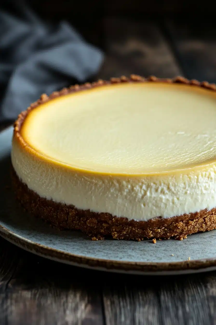 Close-up of a greek yogurt cheesecake with a smooth, creamy texture and a light, airy appearance.