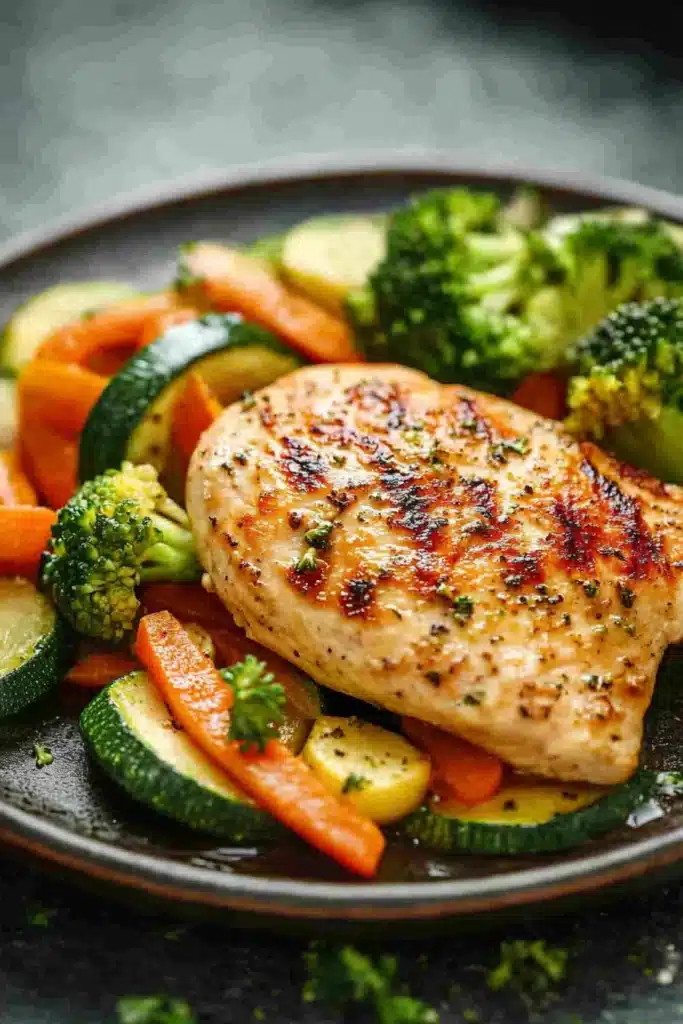 Close-up of grilled chicken breast with colorful vegetables on a white plate