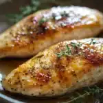 Close-up of grilled chicken breast tender with herbs on a white plate