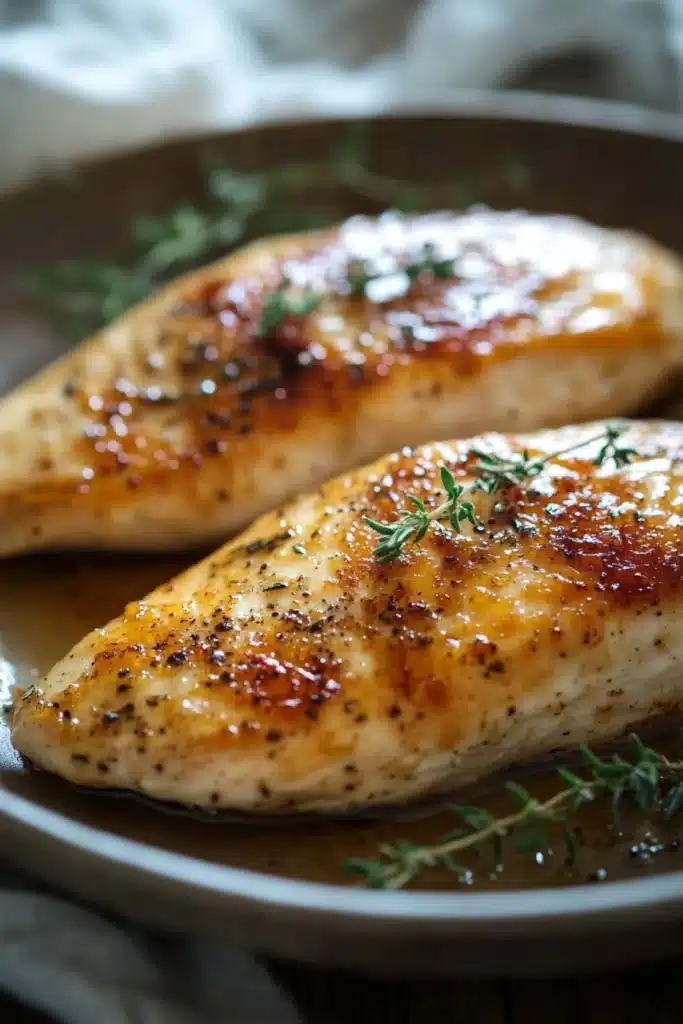 Close-up of grilled chicken breast tender with herbs on a white plate