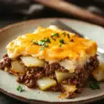 Close-up of a ground beef and potato casserole with a golden crust, perfect for dinner.