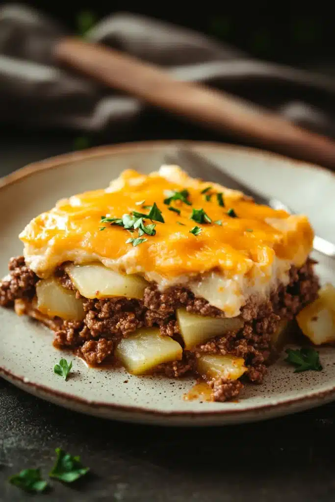 Close-up of a ground beef and potato casserole with a golden crust, perfect for dinner.