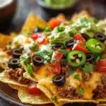 Close-up of ground beef dinner nachos with melted cheese and toppings on a plate.